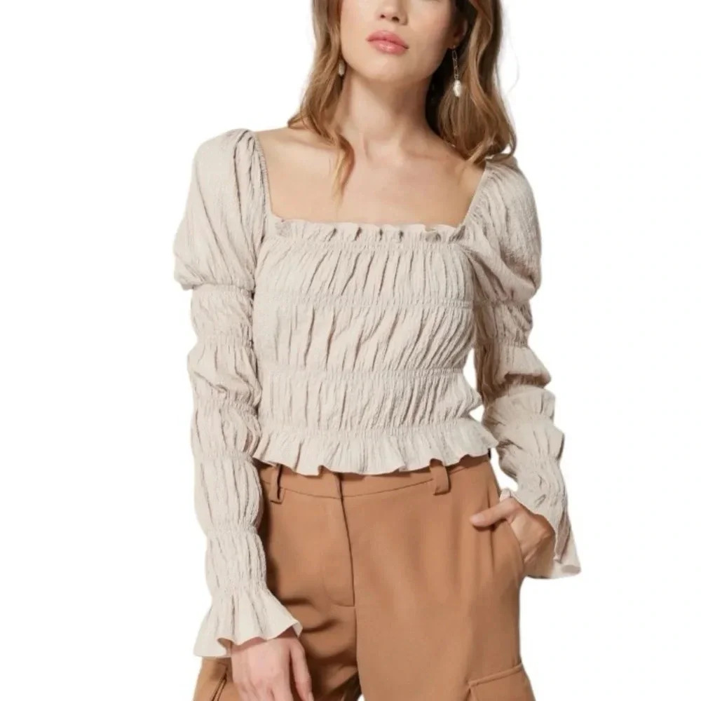 T192 Line & Dot Rayon Blend Pippa Smocked Top Tan/Khaki NWT